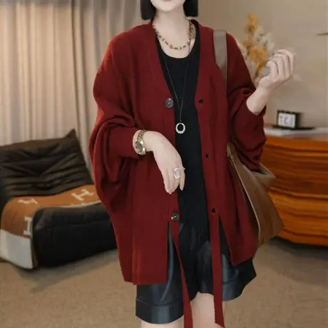 欧货红色V领不规则长袖针织衫女秋季新款慵懒风气质时尚百搭上衣商品大图