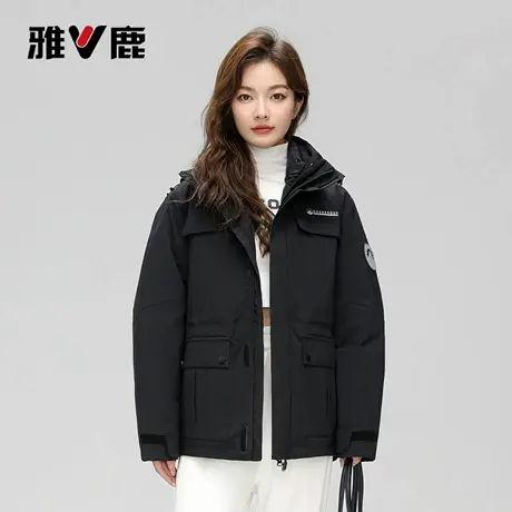 雅鹿官方正品时尚冬季新款短款黑色女士冲锋衣羽绒服宽松时尚保暖图片