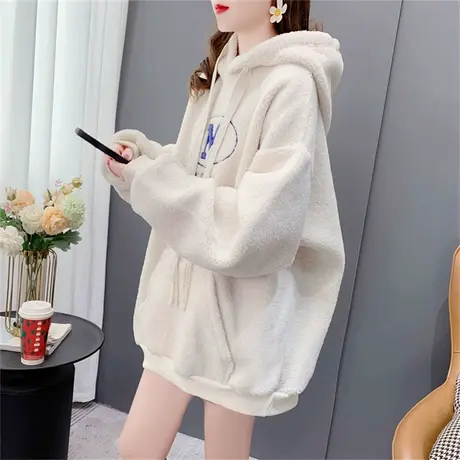 设计感刺绣字母加绒羊羔毛卫衣女2022新款秋冬宽松慵懒风外套上衣图片