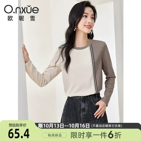 欧昵雪2023冬季新款潮流圆领绣花加厚T恤女长袖套头个性内搭上衣商品大图