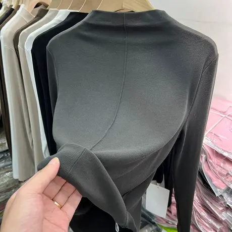 半高领双面磨毛螺纹软糯长袖T恤女2023秋冬新款内搭打底衫上衣潮商品大图