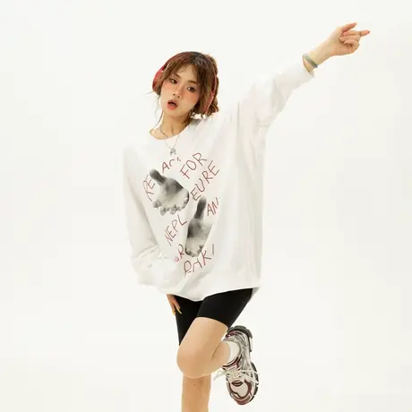 YEP白色圆领卫衣女春秋2023年新款印花潮牌宽松oversize无帽上衣图片