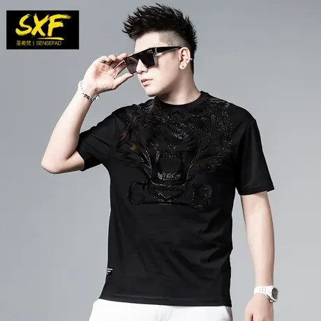 SXF圣希梵2023新款夏季男士T恤 潮牌虎头烫钻男装半袖上衣服T恤男商品大图