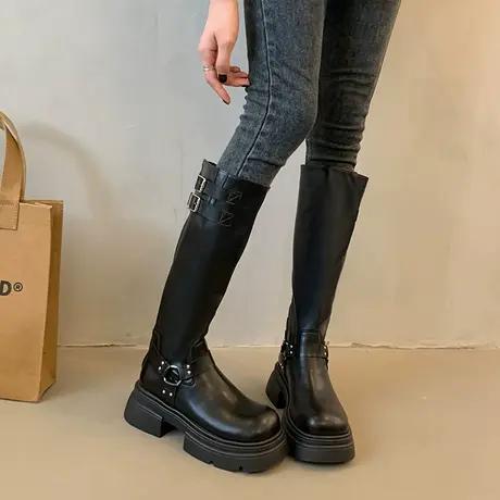 长筒靴女2023新款秋冬季不过膝高筒骑士靴百搭小众厚底瘦瘦马丁靴图片