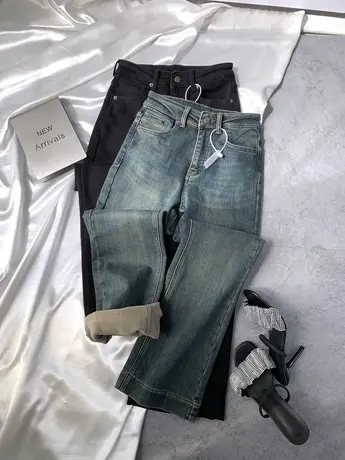 水洗复古加绒牛仔直筒裤2023秋冬新款加厚高腰宽松休闲牛仔商品大图