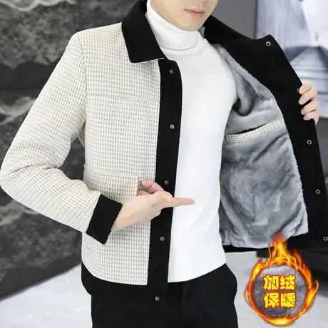 秋冬季高质感毛呢上衣夹克男士潮流时尚拼接休闲加绒加厚呢子外套商品大图