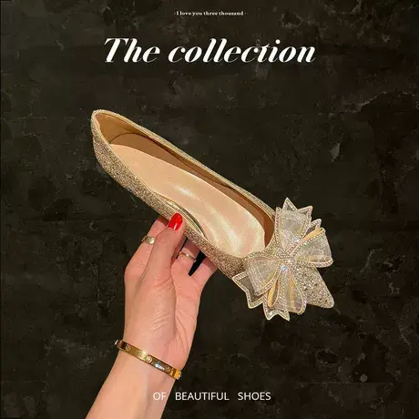 水晶银色蝴蝶结高跟鞋女细跟仙女风少女伴娘金色婚鞋秀禾婚纱两穿商品大图