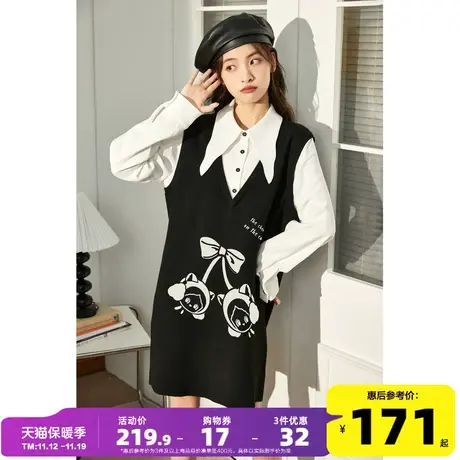 唐狮甜美樱桃连衣裙女春秋长袖休闲学院风假两件小个子黑色裙子q2商品大图