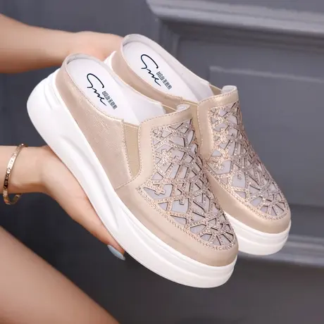 圣恩熙 真皮包头拖鞋女2023新款韩版厚底外穿懒人一脚蹬镂空凉鞋商品大图