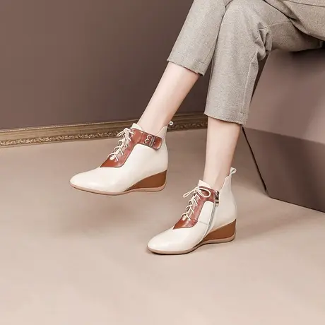 坡跟小短靴女2023新款真皮女式鞋子粗跟秋冬季皮靴子圆头马丁靴女商品大图