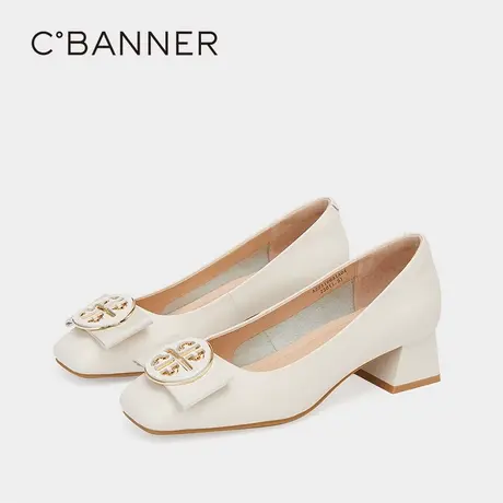 千百度女鞋春季新款单鞋纯色浅口方头中跟粗跟皮鞋法式晚晚风真皮商品大图