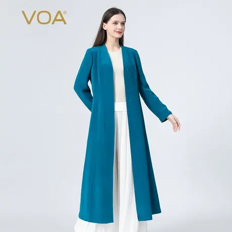 VOA30姆米重磅真丝V领长袖单排多扣收腰显瘦褶皱大摆桑蚕丝外套商品大图