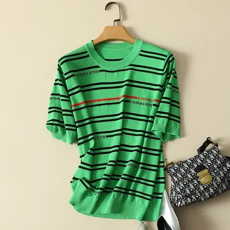 2024夏季韩版冰丝衫针织t恤女薄款短袖简约条纹圆领宽松打底上衣商品大图