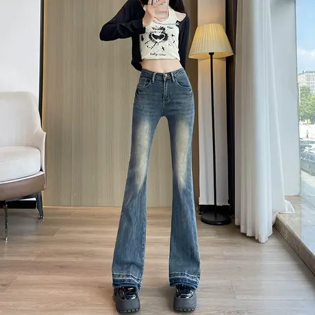 美式复古微喇牛仔裤女2023秋季新款高腰显瘦修身弹力毛边喇叭裤子商品大图