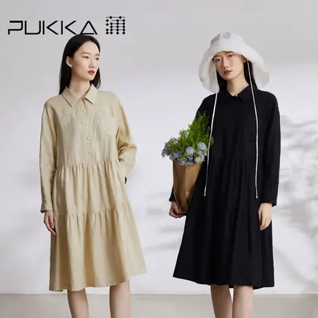蒲PUKKA 原创设计秋装亚麻刺绣宽松长袖衬衫连衣裙图片