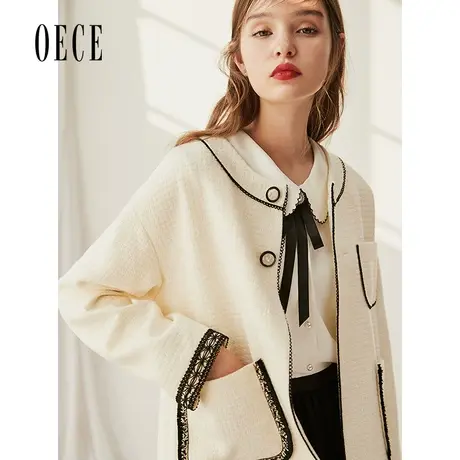 Oece春装新款女装 小香风优雅英伦翻领个性落肩短款外套商品大图