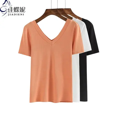 夏季新款韩版纯棉修身显瘦双V领性感露背纯色短袖体恤上衣女装T恤商品大图