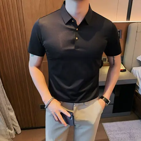 夏季短袖t恤polo衫男新款潮流纯色商务休闲潮男修身晾感半袖上衣商品大图