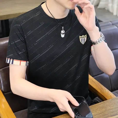 冰丝短袖t恤男夏季高端烫绣花蚕丝薄款体恤衫潮流百搭半袖上衣服商品大图