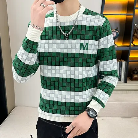 秋冬季圆领男士毛衣韩版潮流时尚休闲格子长袖针织打底衫百搭男装商品大图