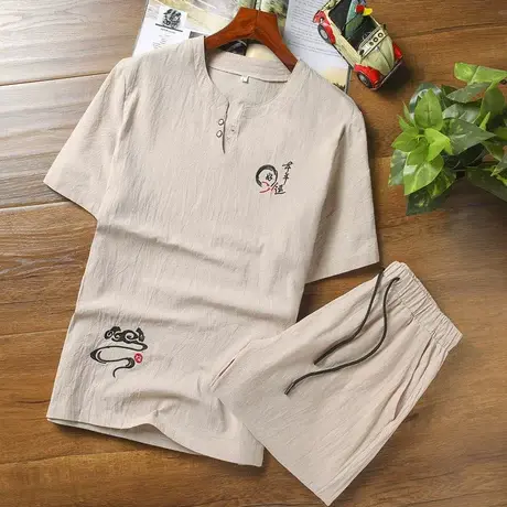 夏季亚麻套装男棉麻短袖t恤潮流休闲中国风2023新款一套衣服夏装商品大图
