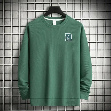 男士卫衣华夫格2024新款春秋季长袖t恤潮流宽松圆领套头无帽上衣商品大图