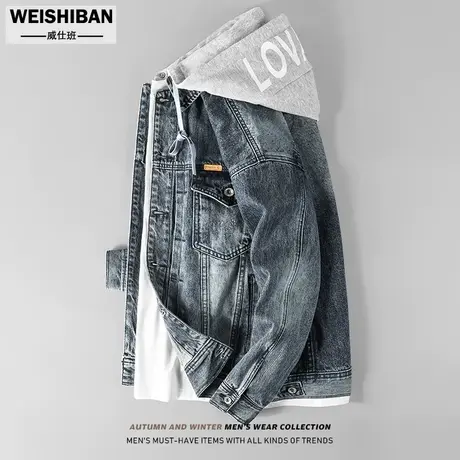 潮牌复古痞帅牛仔夹克男春秋连帽ins宽松百搭外套带帽假两件上衣图片