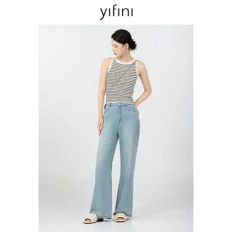 Yifini/易菲复古时尚直筒牛仔裤女初秋新款蓝绿垂感休闲长裤商品大图