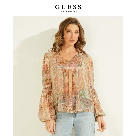 【品牌下架】GUESS女士港风休闲蕾丝印花舒适绑带衬衫上衣商品大图