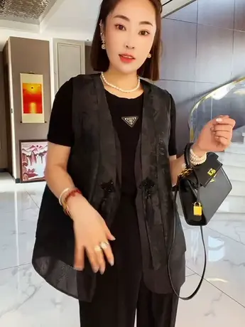 欧洲站2023春季新款女装时尚盘扣流苏拼纱气质舒适潮流民族风马甲商品大图