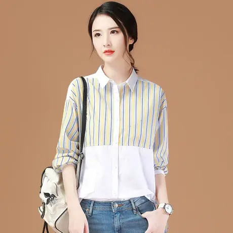 韩潮袭人拼接条纹长袖衬衣女2024春季新款宽松百搭休闲纯棉白衬衫图片