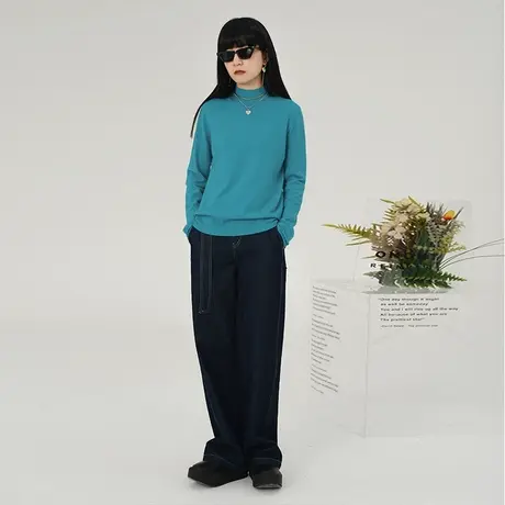 omont蛋挞家 黑色长袖针织衫2021初春新款女半高领打底衫内搭上衣图片