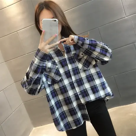 复古港风格子衬衫女春装2023年新款韩版宽松显瘦长袖上衣百搭外套商品大图