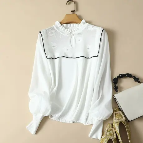 春装2024年新款雪纺袖冰丝针织衫女长袖宽松上衣洋气蕾丝打底衫女图片