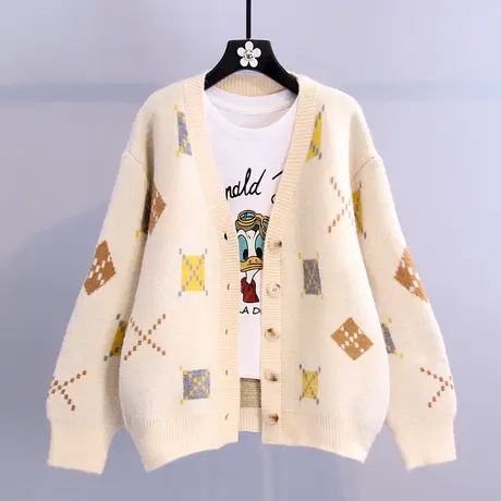 复古提花日系毛衣开衫外套女2023秋冬新款宽松外穿慵懒风针织衫商品大图