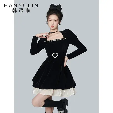 韩语琳黑色丝绒连衣裙短款女春秋新款高级设计感收腰显瘦方领裙子图片