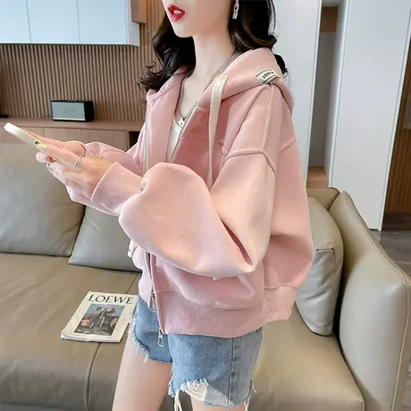 短款卫衣女春秋季韩版宽松早秋小众设计感小个子薄款纯色开衫外套商品大图