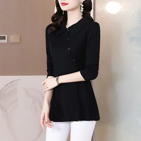 纯色中长款打底衫女2023秋装新款妈妈宽松大码女装高级感气质衬衣商品大图