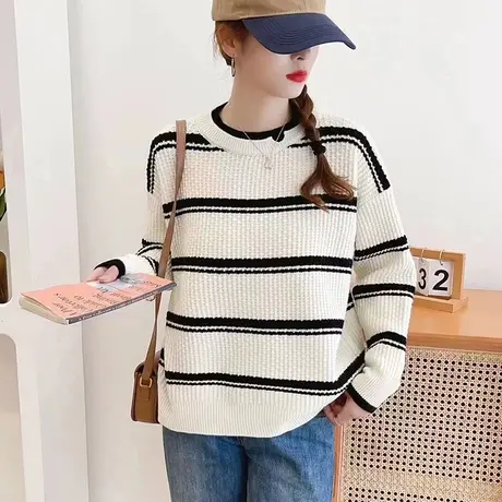 秋冬女毛衣条纹针织打底衫2023年新款宽松套头女上衣加厚内搭春秋图片