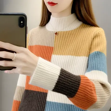 半高领拼色宽松外穿毛衣女2023年秋冬新款撞色百搭针织打底衫洋气图片