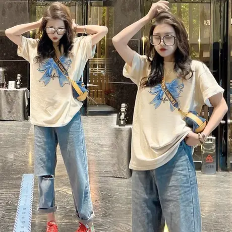 欧货宽松t恤大版纯棉女士短袖潮牌2024新款中长款洋气时髦上衣服图片