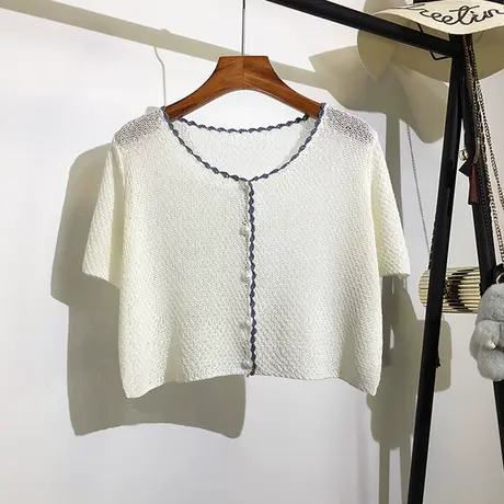 针织短袖开衫女夏装新款宽松外搭薄款镂空罩衫短款披肩上衣防晒衫图片
