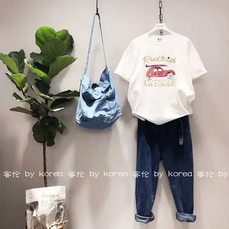 2019春新款韩国东大门刺绣亮片字母中长款磨毛加厚T恤欧洲站大码图片