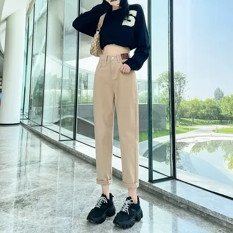 卡其色牛仔裤女高腰春秋2023新款直筒宽松卷边小个子哈伦老爹裤子商品大图