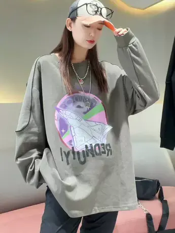 时尚百搭飞机图案印花宽松卡通百搭卫衣女2023秋季新款韩版外穿潮图片