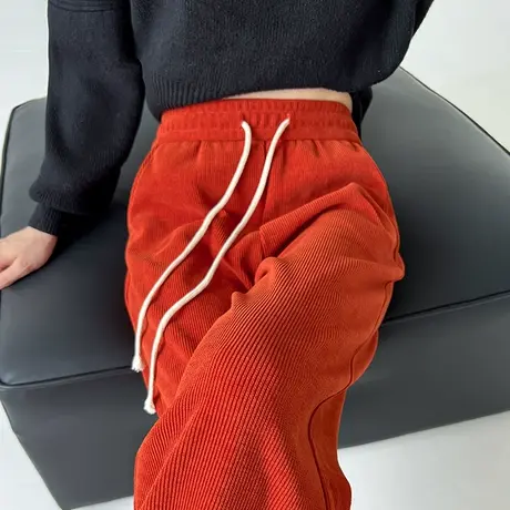 灯芯绒阔腿裤女秋冬新款高腰宽松垂感显瘦松紧腰橘色雪尼尔休闲裤图片