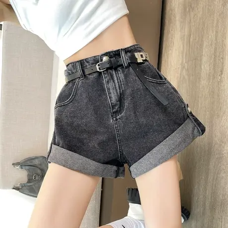 黑色牛仔短裤女夏季薄款高腰a字遮肉显瘦包臀卷边小众辣妹热裤潮商品大图