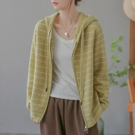 dza 复古连帽拉链毛衣外套女士春秋短款宽松条纹上衣休闲针织开衫图片