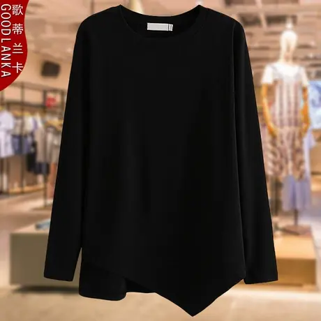 加肥加大码不规则上衣女2022新款年轻胖妈妈春秋中长款长袖打底衫商品大图