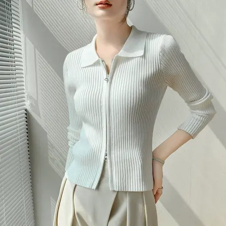 白色针织开衫polo卫衣2025秋冬新款修身套头长袖外穿拉链短外套女图片